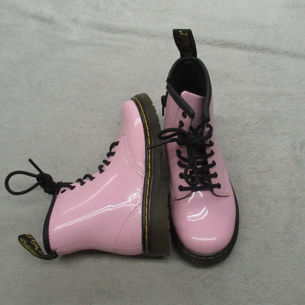 Dr. Martens Girls 9 Combat Boots Pink Patent Leather Lace Up Side Zip Casual